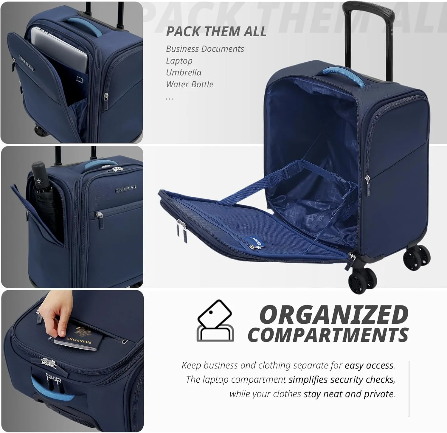 Verage 14.5 inch Underseat Carry On Luggage with Wheels, Navy Softside Small Suitcase Spinner Wheeled Rolling Travel Laptop Bag for Airlines Airplanes Short Trip Men Women
