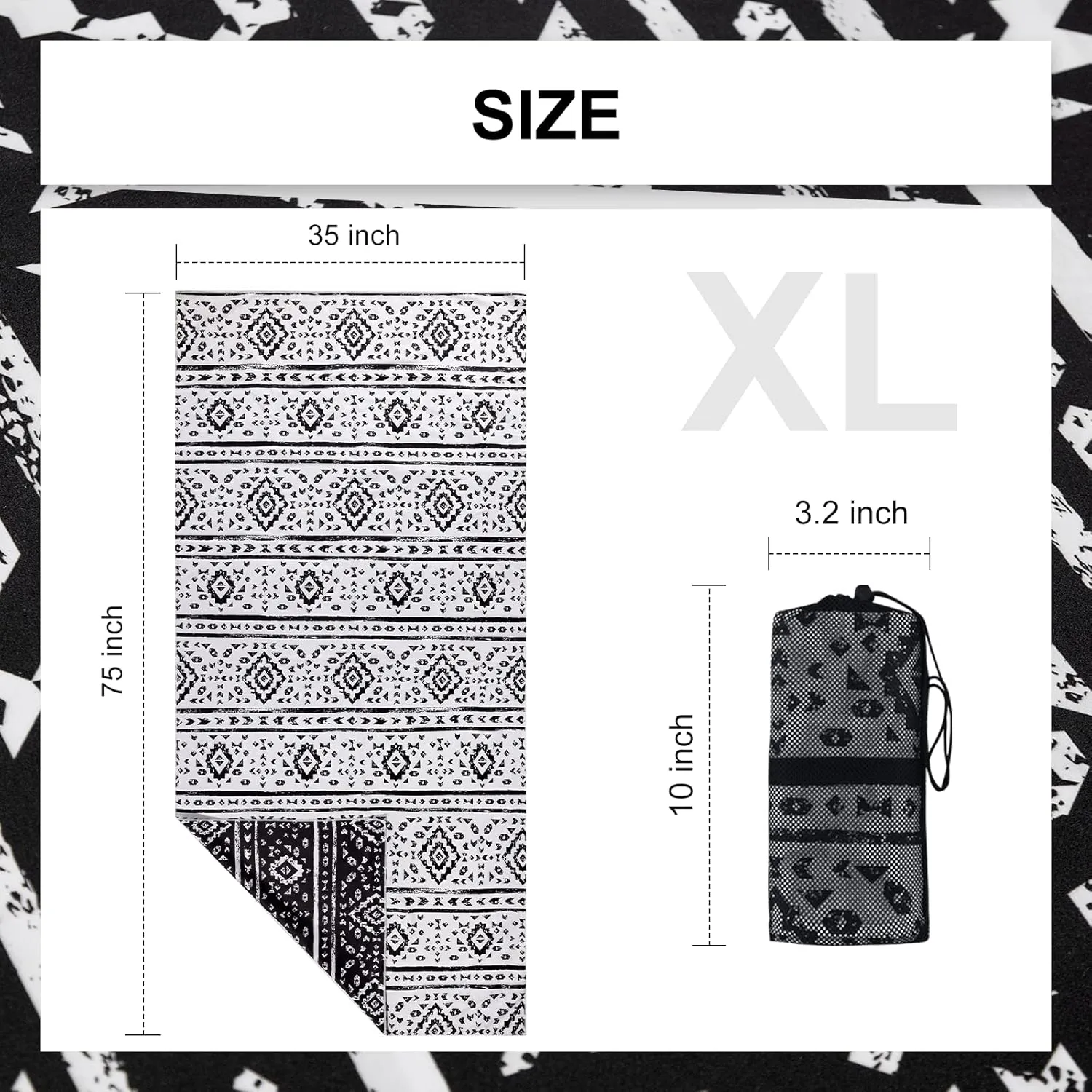 Vessia Black and White diamond Boho Large Beach Towel 35x75inches, 90% Polyester and 10% Polyamide, Quick Dry Sand Free Absorbent Oversized, Lightweight Cute Towel For Yoga Travel Swimming Pool Picnic