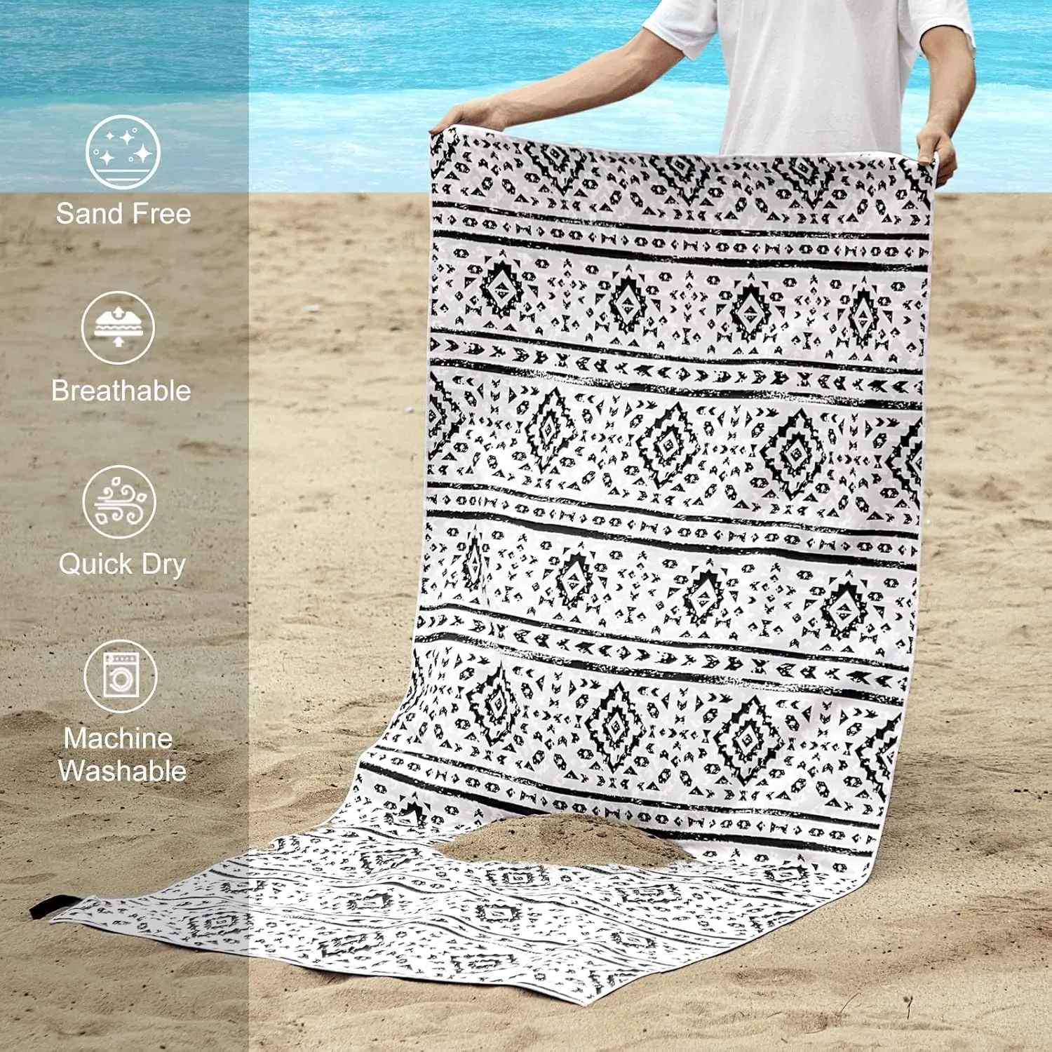 Vessia Black and White diamond Boho Large Beach Towel 35x75inches, 90% Polyester and 10% Polyamide, Quick Dry Sand Free Absorbent Oversized, Lightweight Cute Towel For Yoga Travel Swimming Pool Picnic