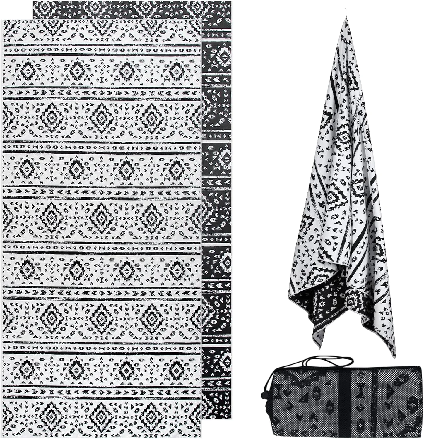 Vessia Black and White diamond Boho Large Beach Towel 35x75inches, 90% Polyester and 10% Polyamide, Quick Dry Sand Free Absorbent Oversized, Lightweight Cute Towel For Yoga Travel Swimming Pool Picnic