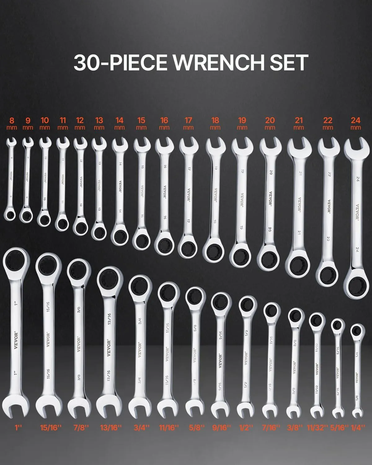 VEVOR Combination Wrench Set, 30-Piece Ratcheting Wrench Set with Organizer Rack, Cr-V Steel Wrench Set SAE 1/4" to 1", Metric 8 mm to 24 mm, Ideal for General Household, Garage, Workshop, Emergency
