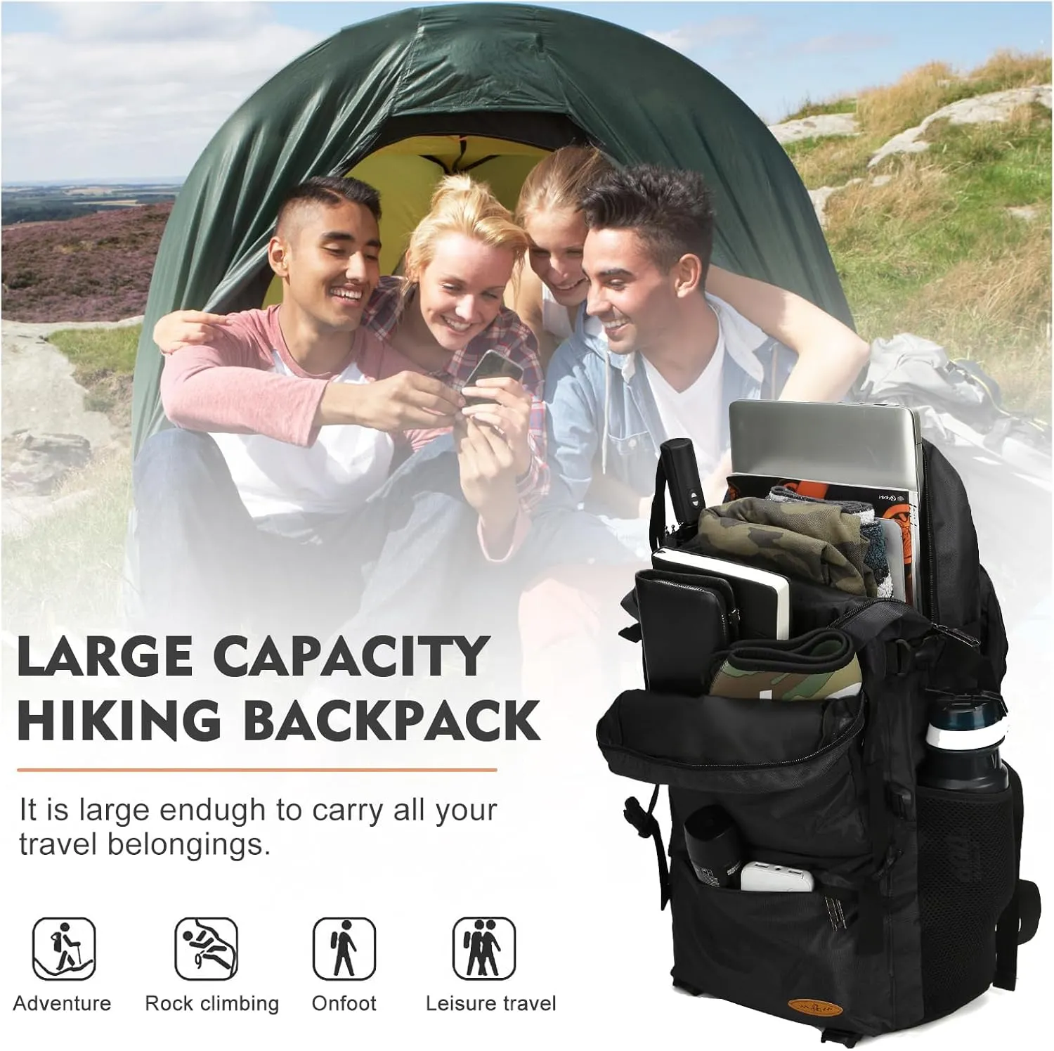 VGCUB Large Travel Camping Hiking Backpack,Lightweight Waterproof Outdoor Sports Rucksack Gym Carry on Backpack Daypack for Women Men Traveling Extra Large, Black