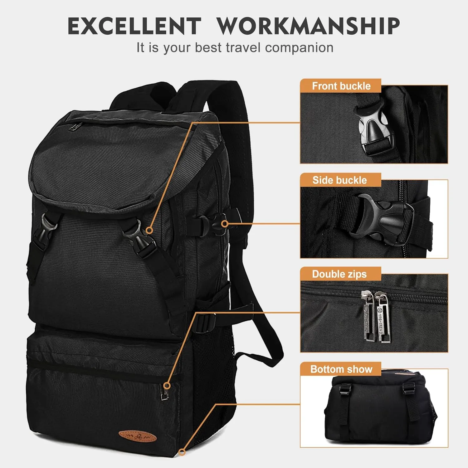 VGCUB Large Travel Camping Hiking Backpack,Lightweight Waterproof Outdoor Sports Rucksack Gym Carry on Backpack Daypack for Women Men Traveling Extra Large, Black
