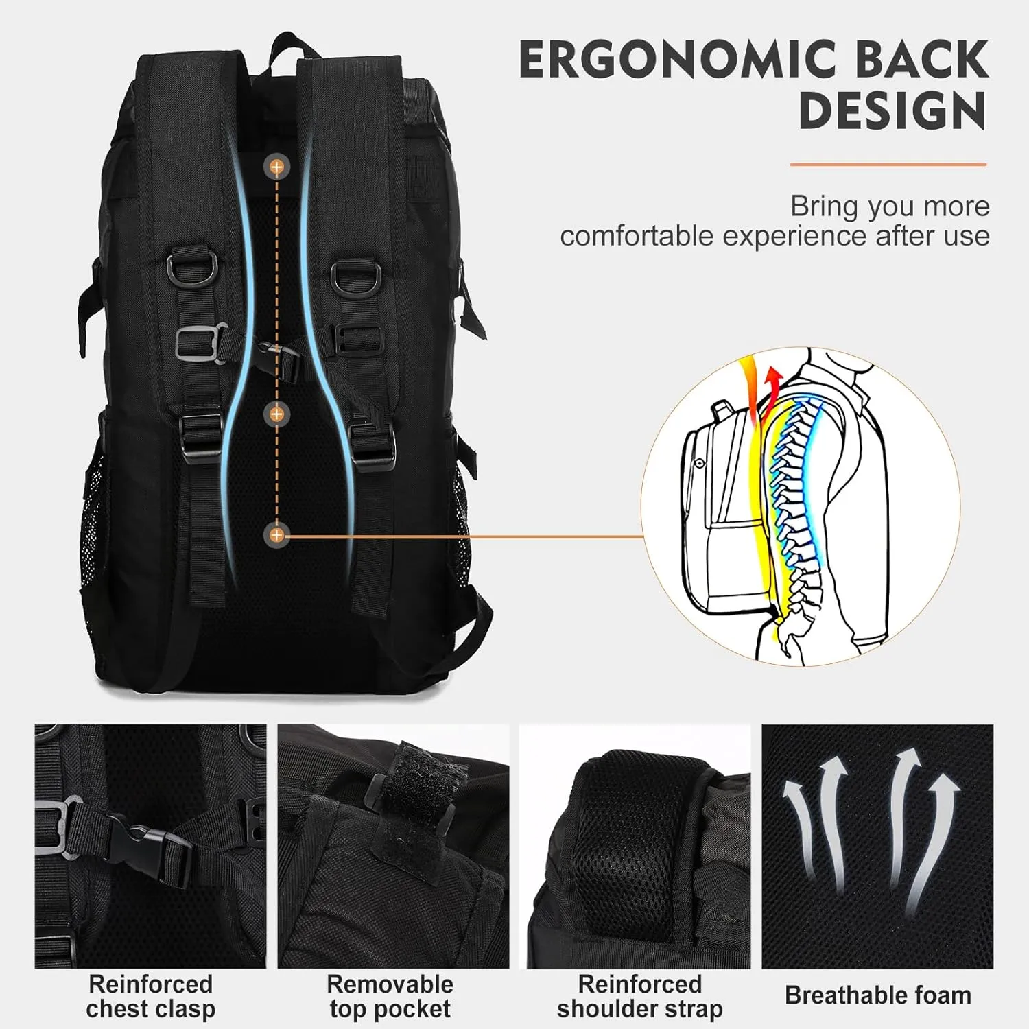 VGCUB Large Travel Camping Hiking Backpack,Lightweight Waterproof Outdoor Sports Rucksack Gym Carry on Backpack Daypack for Women Men Traveling Extra Large, Black