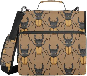 VIGTRO Cartoon Stag Beetle Pattern 1.5 Inch 3 Ring Case Zipper Binder Organizer Bag with Shoulder Strap and Handle Multi-Pocket File Folder for Office Supplies