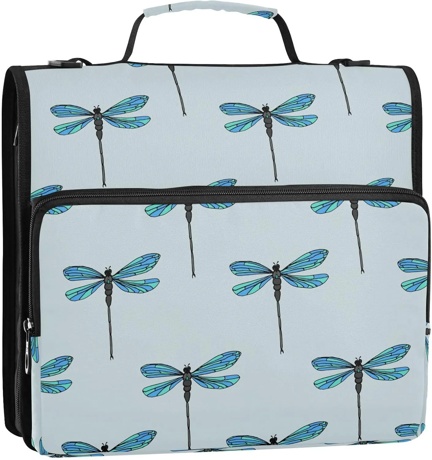 VIGTRO Cute Dragonflies 1.5 Inch 3 Ring Case Zipper Binder Organizer Bag with Shoulder Strap and Handle Multi-Pocket File Folder for Office Supplies