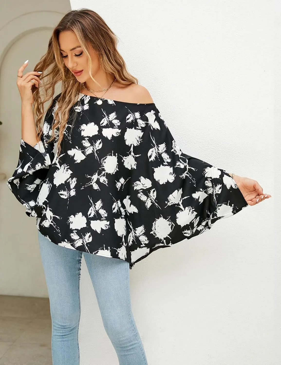 VIMPUNEC Womens Off The Shoulder Flowy Tops Casual Batwing Sleeves Blouses Loose Chiffon Shirts