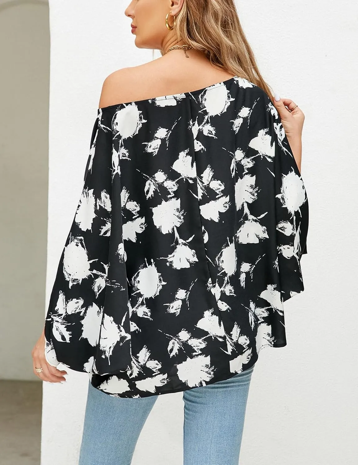 VIMPUNEC Womens Off The Shoulder Flowy Tops Casual Batwing Sleeves Blouses Loose Chiffon Shirts