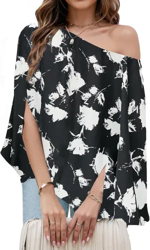 VIMPUNEC Womens Off The Shoulder Flowy Tops Casual Batwing Sleeves Blouses Loose Chiffon Shirts