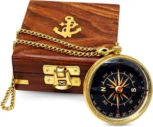 Vintage Brass Pocket Compass (2.5 inches) with Chain & Wooden Anchor Box | Nautical Navigation Tool & Elegant Decor Gift