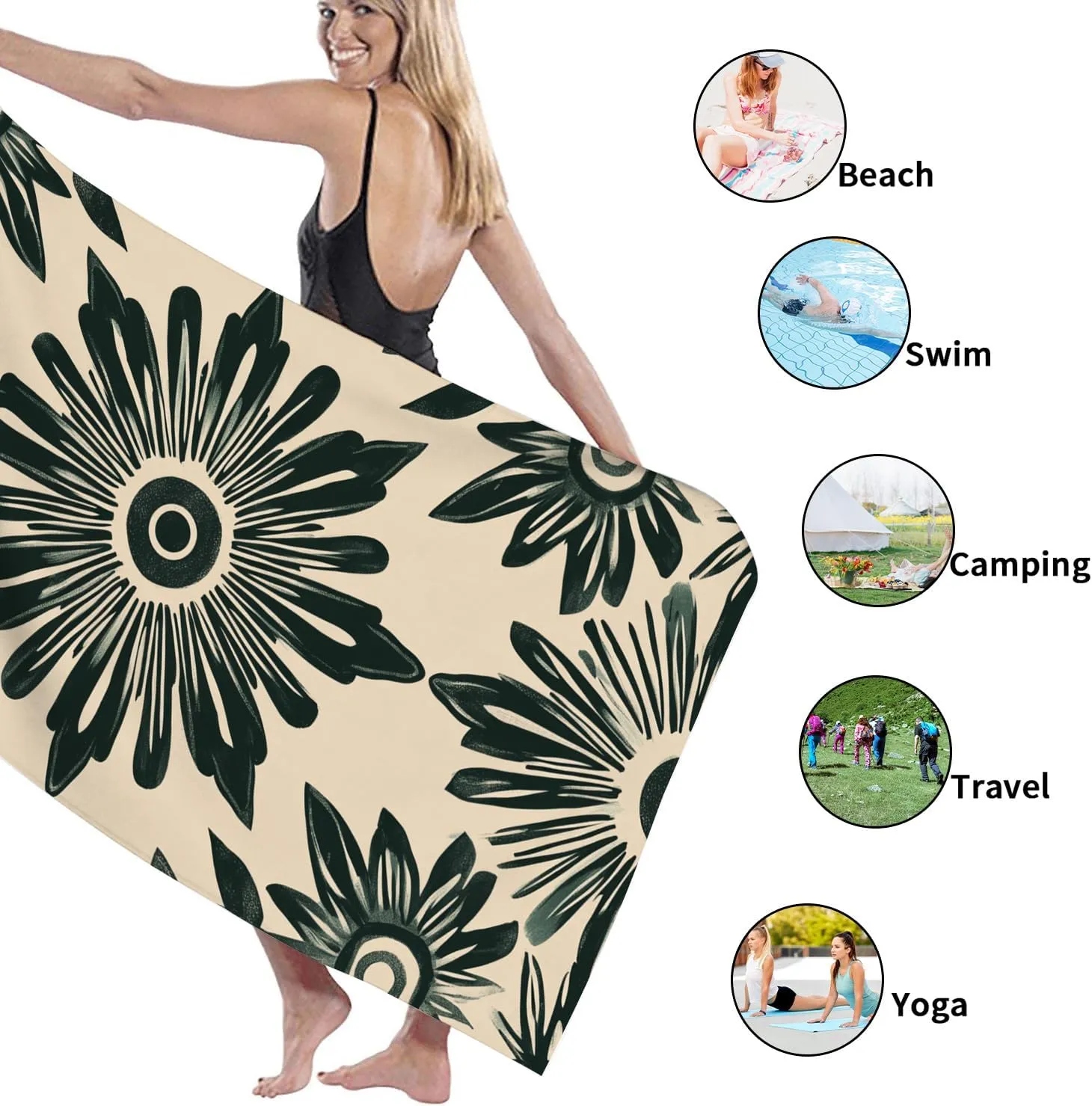 Vintage Floral Beach Towel Cream Floral Design Quick Dry Soft Sand Free Lightweight Travel Essentials Picnic Day at The Beach 70x35 Inch