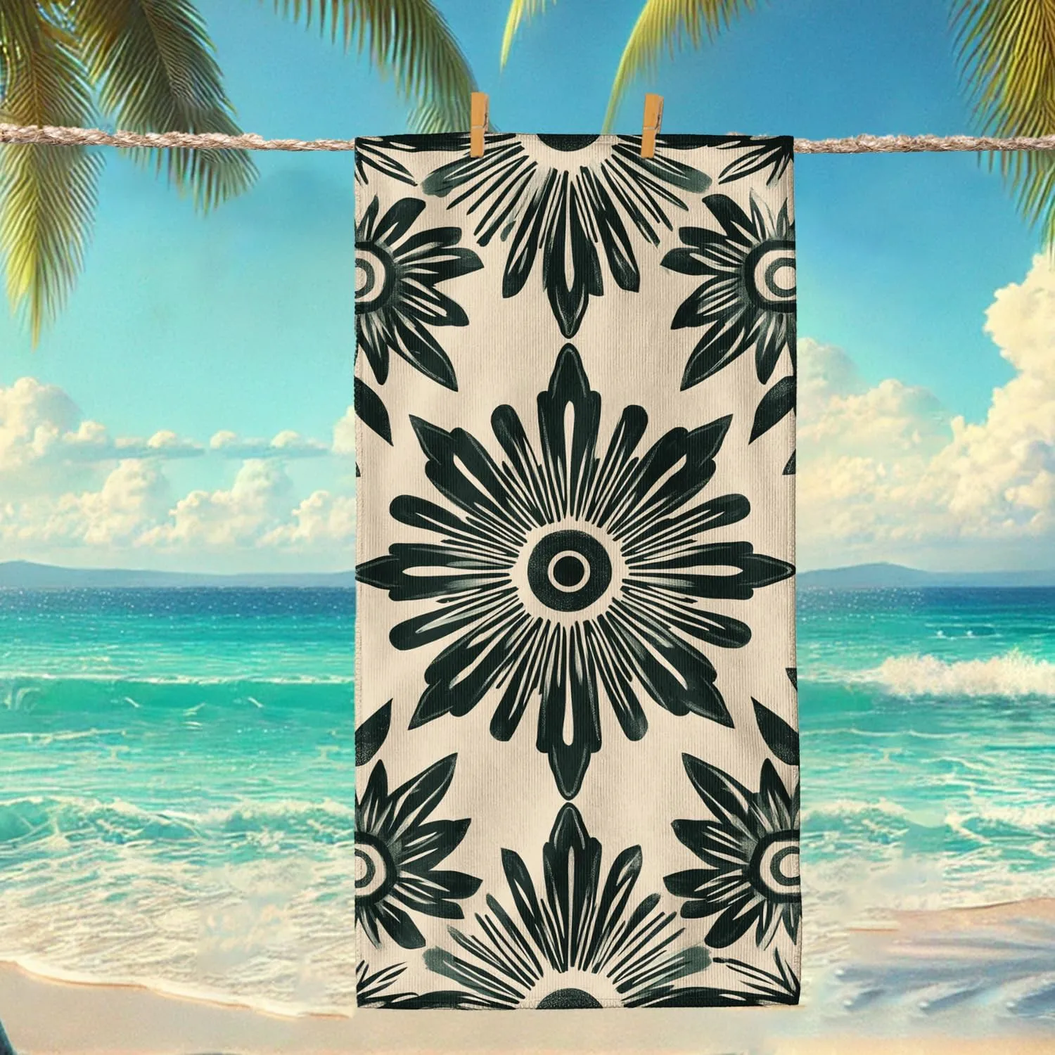 Vintage Floral Beach Towel Cream Floral Design Quick Dry Soft Sand Free Lightweight Travel Essentials Picnic Day at The Beach 70x35 Inch