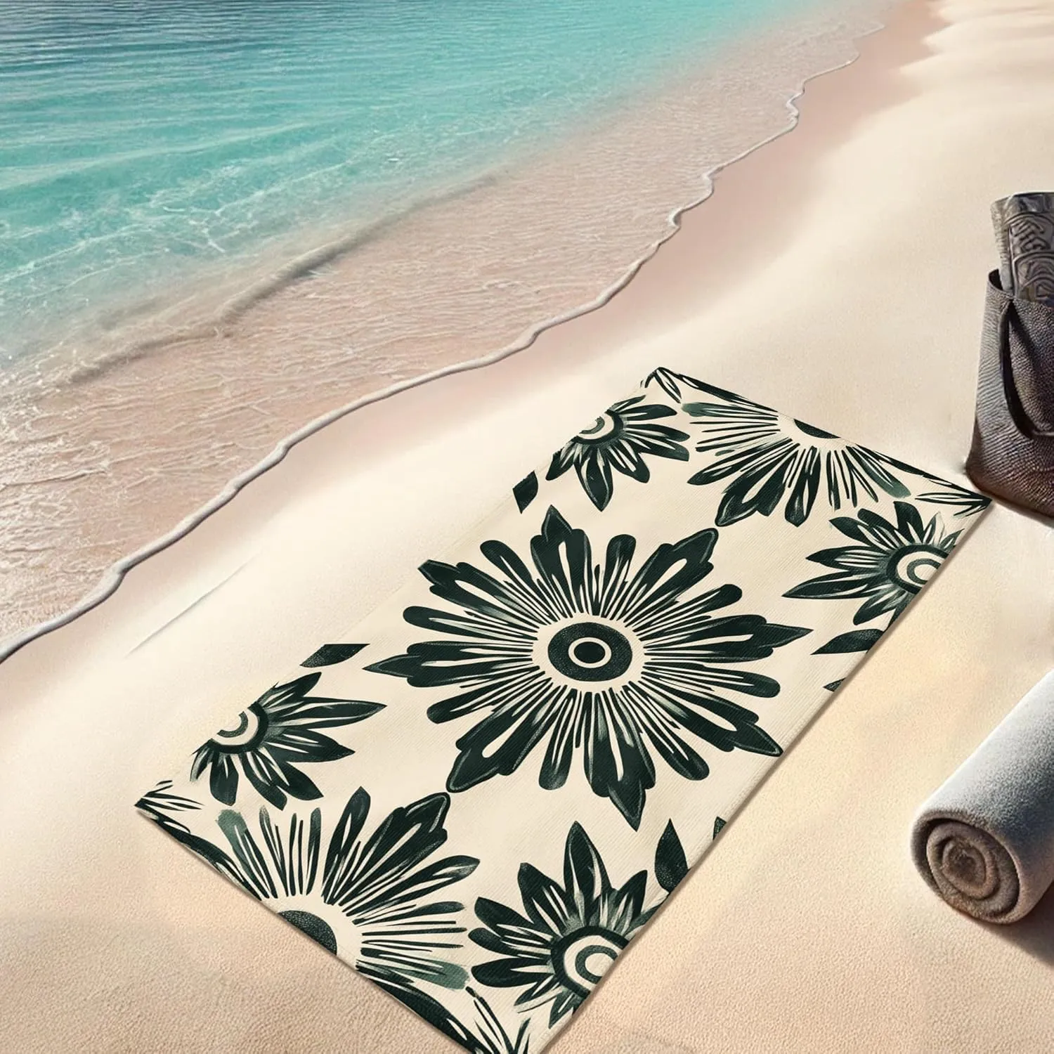 Vintage Floral Beach Towel Cream Floral Design Quick Dry Soft Sand Free Lightweight Travel Essentials Picnic Day at The Beach 70x35 Inch