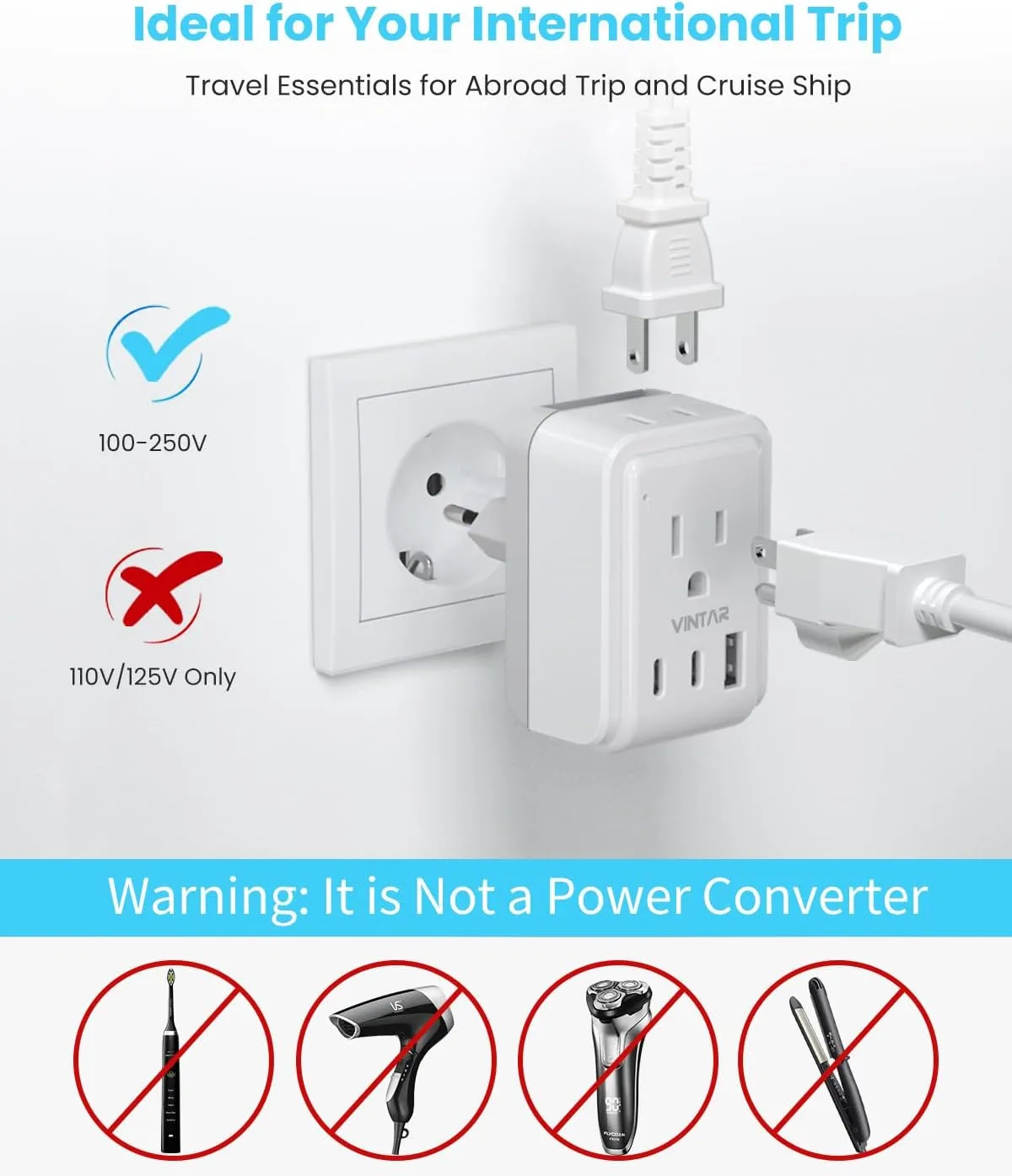 VINTAR Universal Travel Adapter Kit, International Power Adapter with 3 USB Ports (2 USB C, 3.4A) and 2 AC, Type A,C,D,E/F,G,H,I,L,M Detachable Attachments, Adapter for India/Africa/EU/UK//AU/JP/US