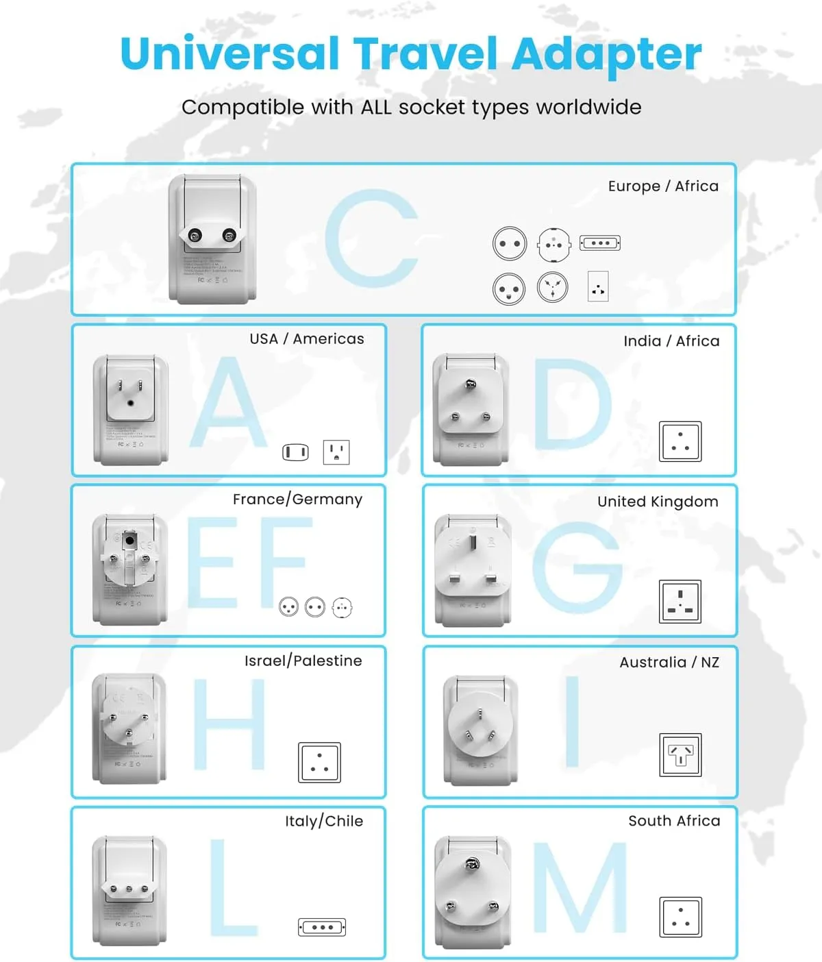 VINTAR Universal Travel Adapter Kit, International Power Adapter with 3 USB Ports (2 USB C, 3.4A) and 2 AC, Type A,C,D,E/F,G,H,I,L,M Detachable Attachments, Adapter for India/Africa/EU/UK//AU/JP/US