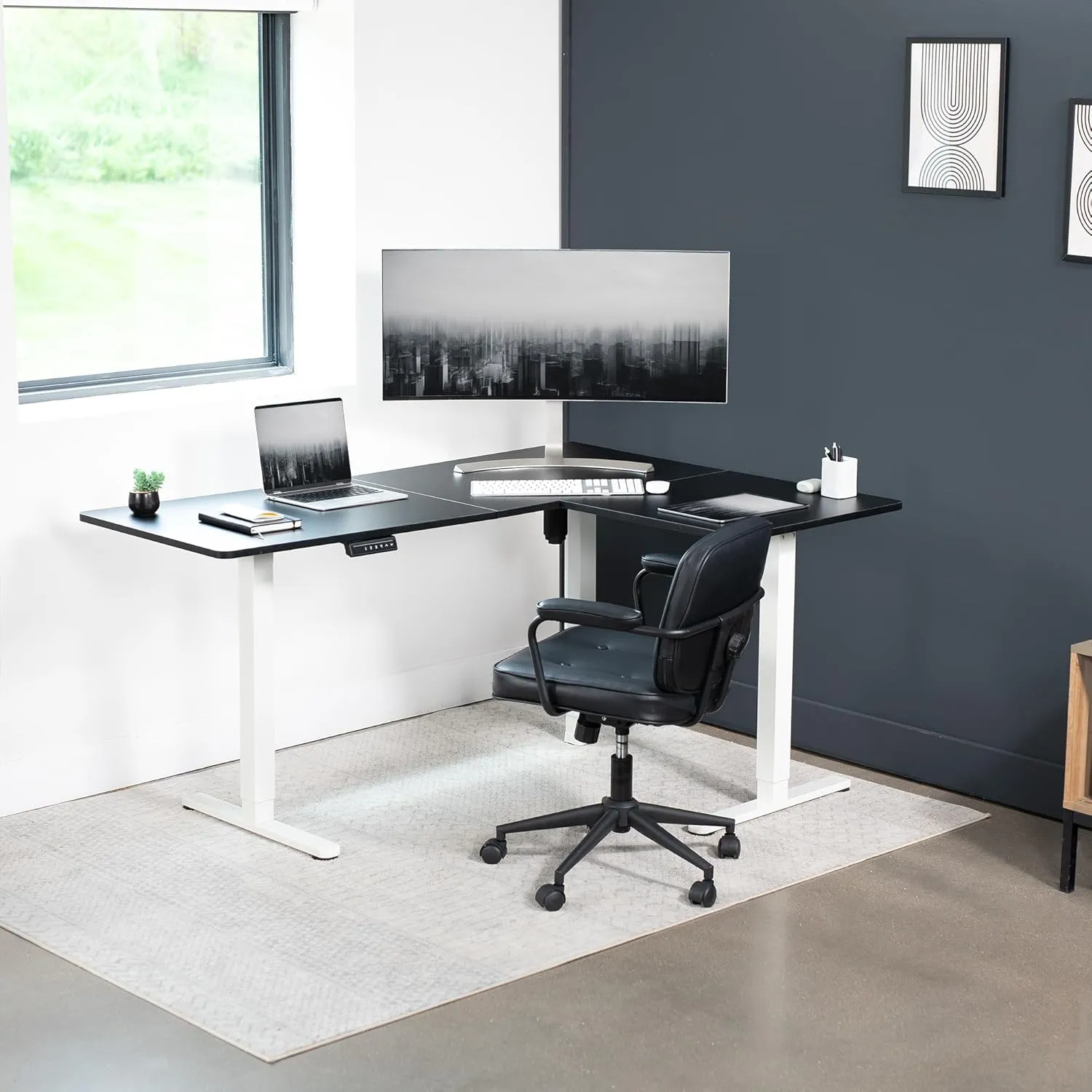 VIVO Electric Corner L-Shaped 63 x 47 in Standing Desk, Memory Height Adjustment, Black Top White Frame, DESK-E3CTWB-47