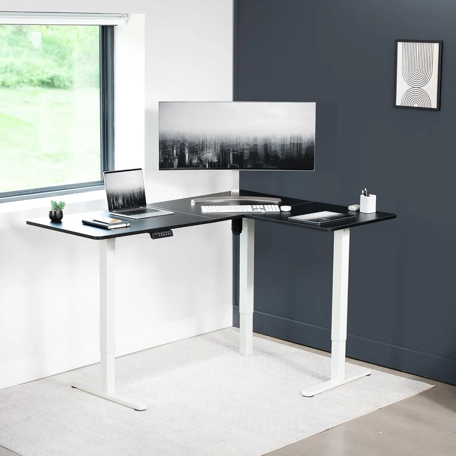 VIVO Electric Corner L-Shaped 63 x 47 in Standing Desk, Memory Height Adjustment, Black Top White Frame, DESK-E3CTWB-47