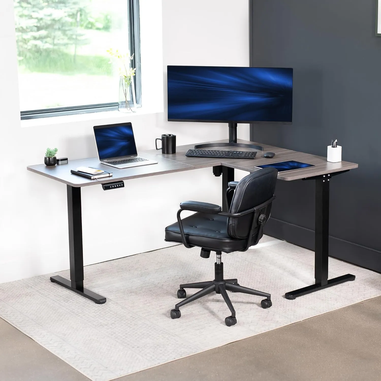 VIVO Electric Corner L-Shaped 63 x 47 in Standing Desk, Memory Height Adjustment, Dark Gray Top Black Frame, DESK-E3CTG-47
