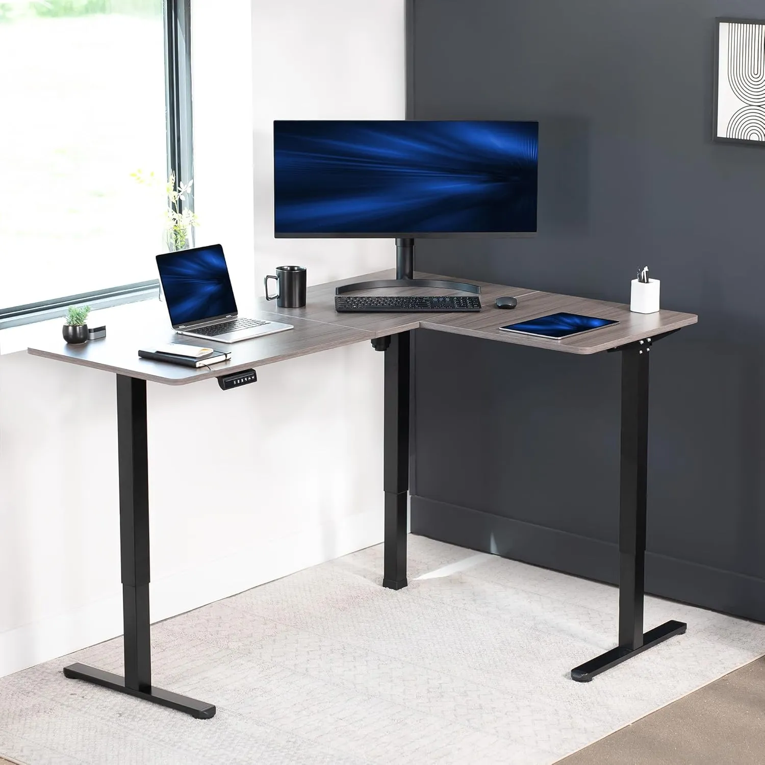 VIVO Electric Corner L-Shaped 63 x 47 in Standing Desk, Memory Height Adjustment, Dark Gray Top Black Frame, DESK-E3CTG-47