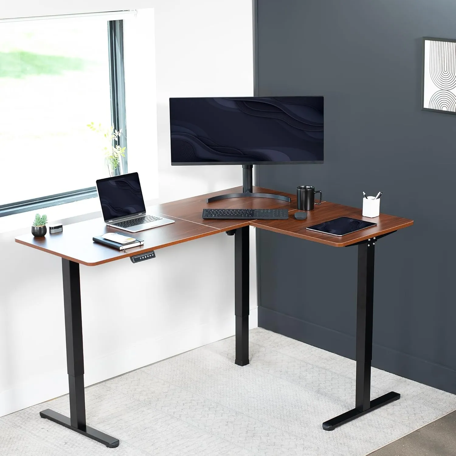VIVO Electric Corner L-Shaped 63 x 47 in Standing Desk, Memory Height Adjustment, Dark Walnut Top Black Frame, DESK-E3CTD-47
