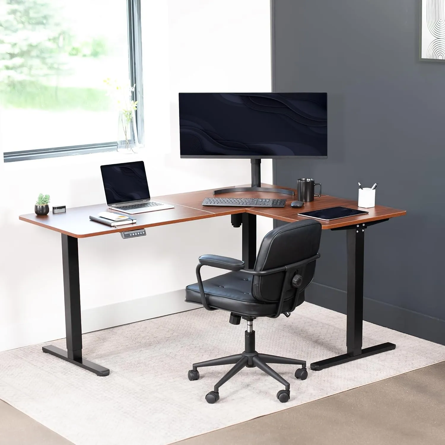 VIVO Electric Corner L-Shaped 63 x 47 in Standing Desk, Memory Height Adjustment, Dark Walnut Top Black Frame, DESK-E3CTD-47