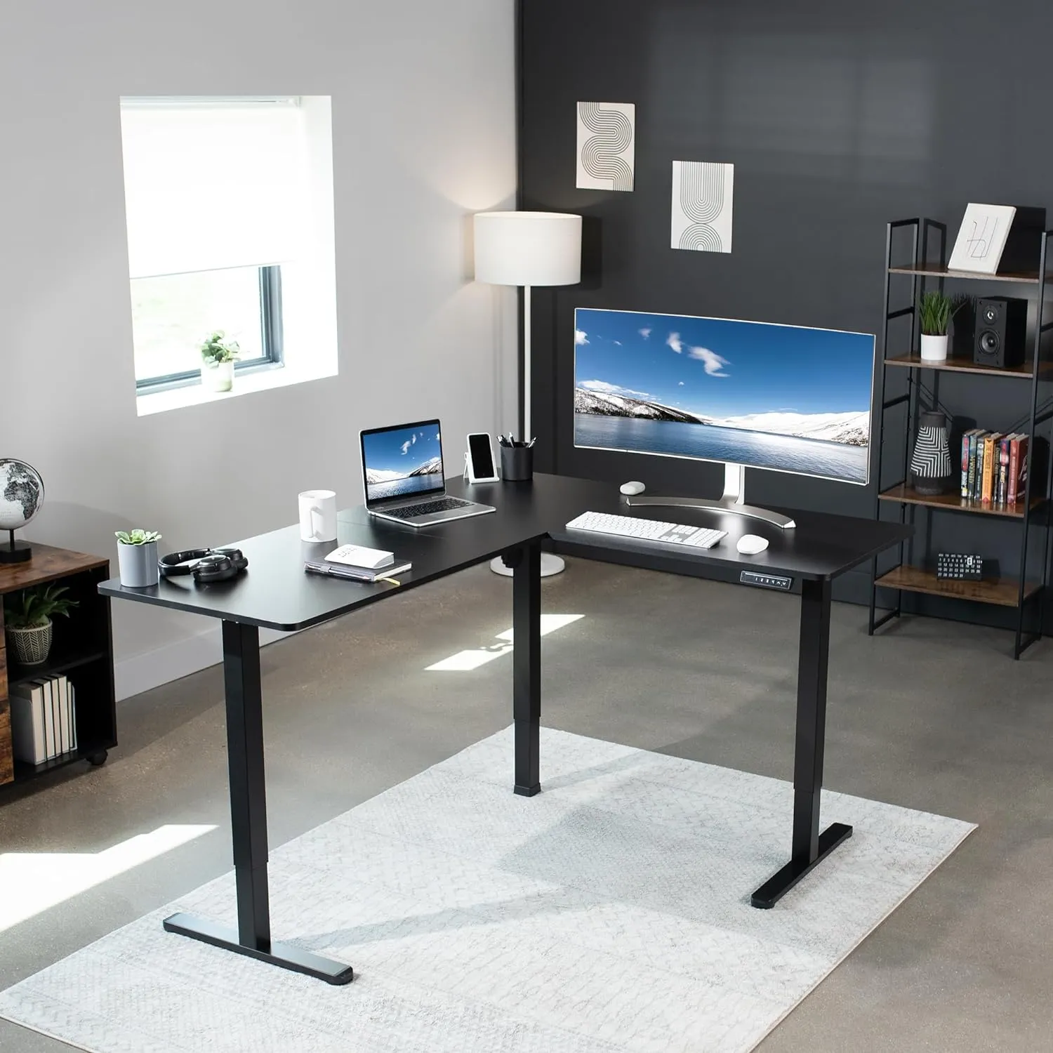 VIVO Electric Corner L-Shaped 63 x 55 in Standing Desk, Memory Height Adjustment, Black Top Black Frame, DESK-E3CTB