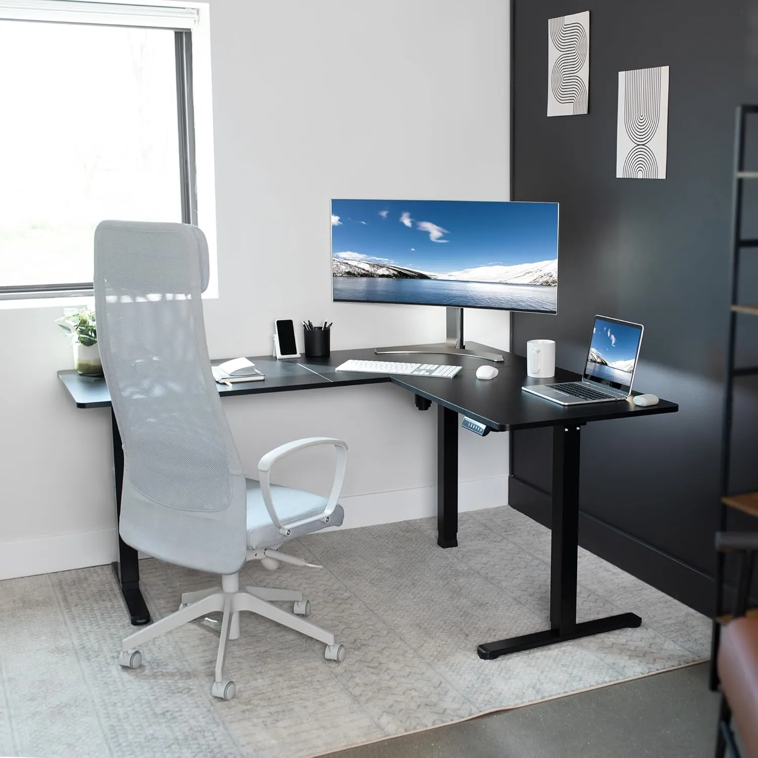 VIVO Electric Corner L-Shaped 63 x 55 in Standing Desk, Memory Height Adjustment, Black Top Black Frame, DESK-E3CTB