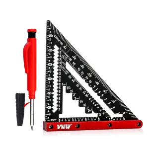 VNW 7inch Rafter Square with Carpenter Pencil, 1/8" Precision Heavy Duty Aluminum Woodworking Rule,Triangle Ruler Measuring Layout Tool