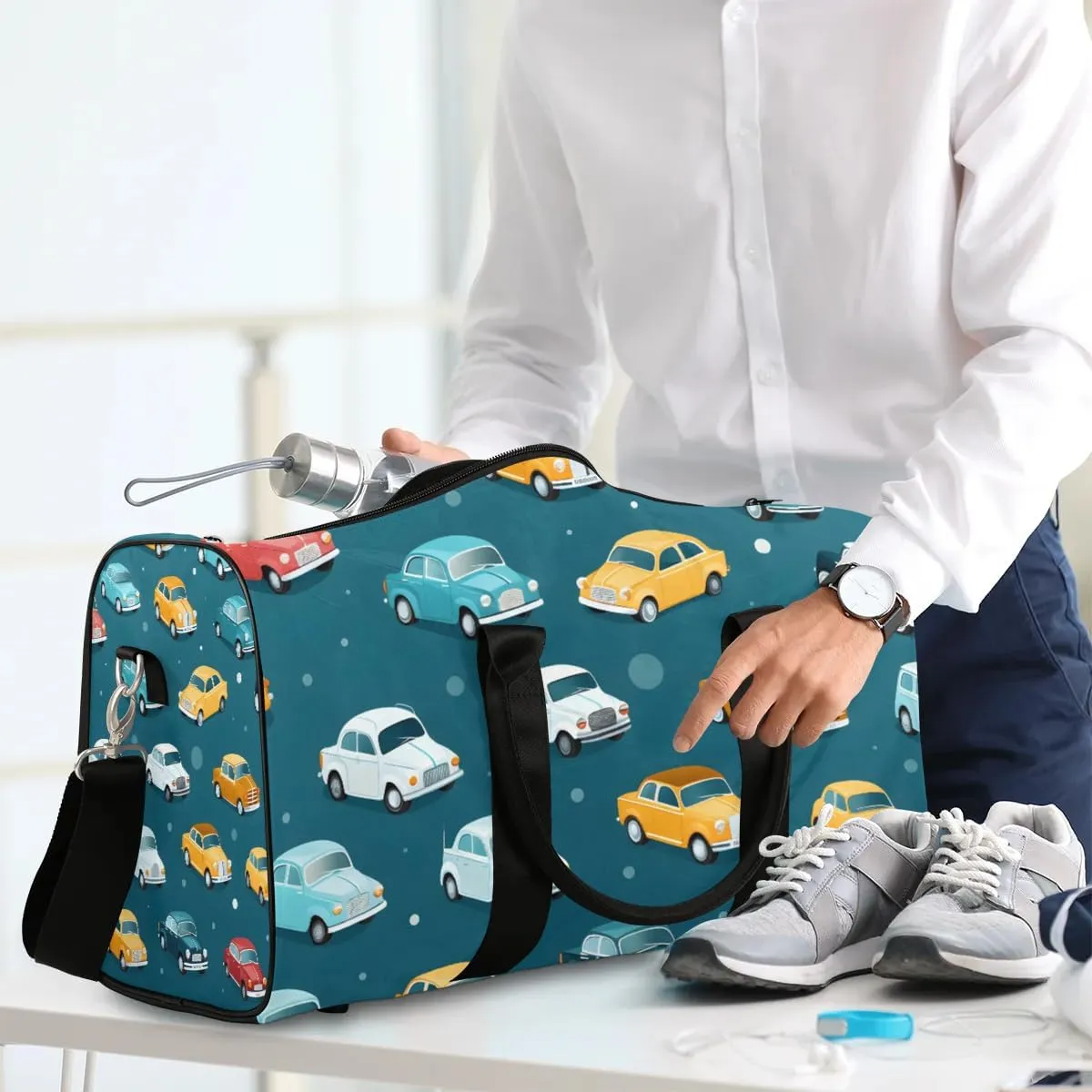 Watercolor Cars Travel Duffel Bag for Women Men Waterproof Foldable Overnight Weekender Bag Large Capacity Sports Gym Bag