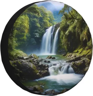 Waterfall Landscape Painting Tire Cover Outdoor Waterproof Snow Sun Rain Wheel Cover Portable Wheel Bags Camper Spare Tire Cover Universal Car Tire Protectors for Trailer RV SUV