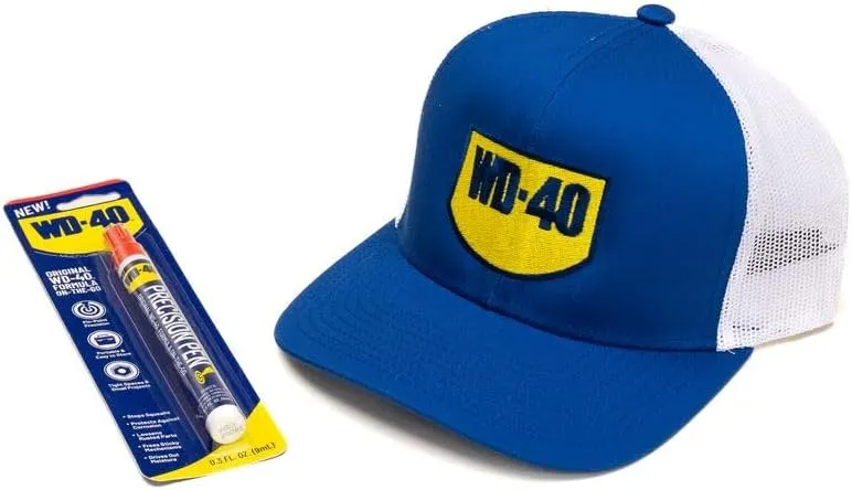 WD-40 Original Formula Precision Pen and WD-40 Trucker Hat Bundle, On-The-Go Lubrication with Pin-Point Precisions, Cotton & mesh Flat Brim hat, Precision Pen 1-Pack 0.3 fl oz, 1 WD-40 Trucker hat