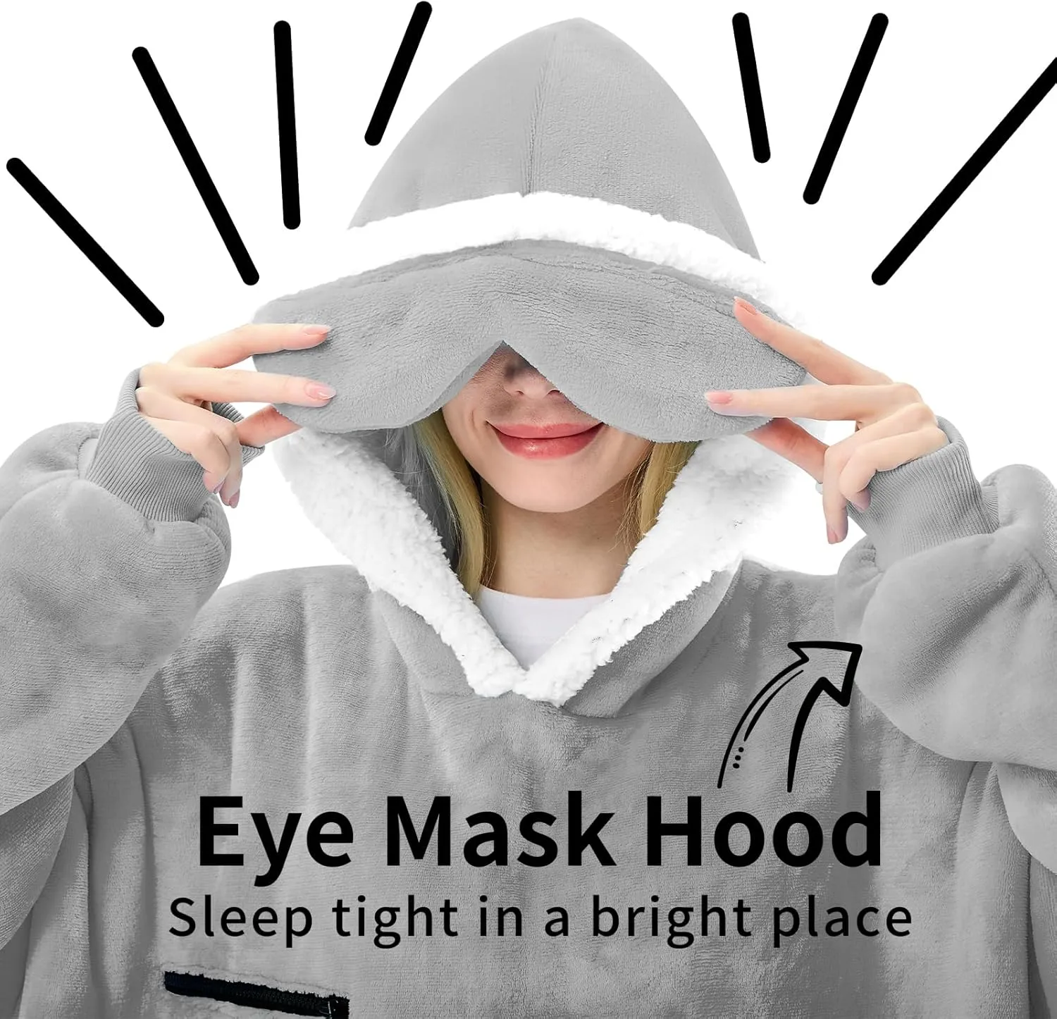 Wearable Blanket Hoodie, Oversized Sherpa Fleece Hooded Sweatshirt with Eye Mask, Cozy and Giant Blanket Hoodie with Sleeves Extra Long for Adults Men Women, Grey