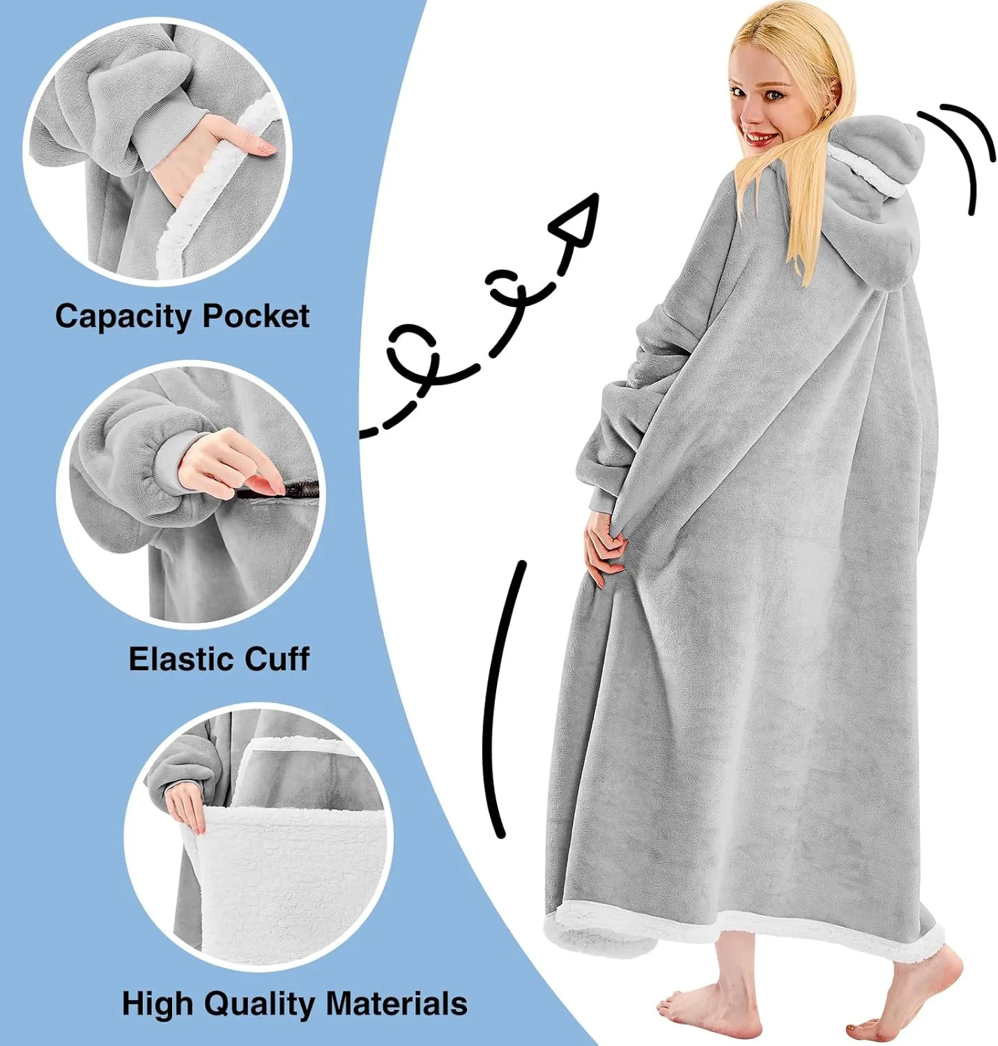 Wearable Blanket Hoodie, Oversized Sherpa Fleece Hooded Sweatshirt with Eye Mask, Cozy and Giant Blanket Hoodie with Sleeves Extra Long for Adults Men Women, Grey