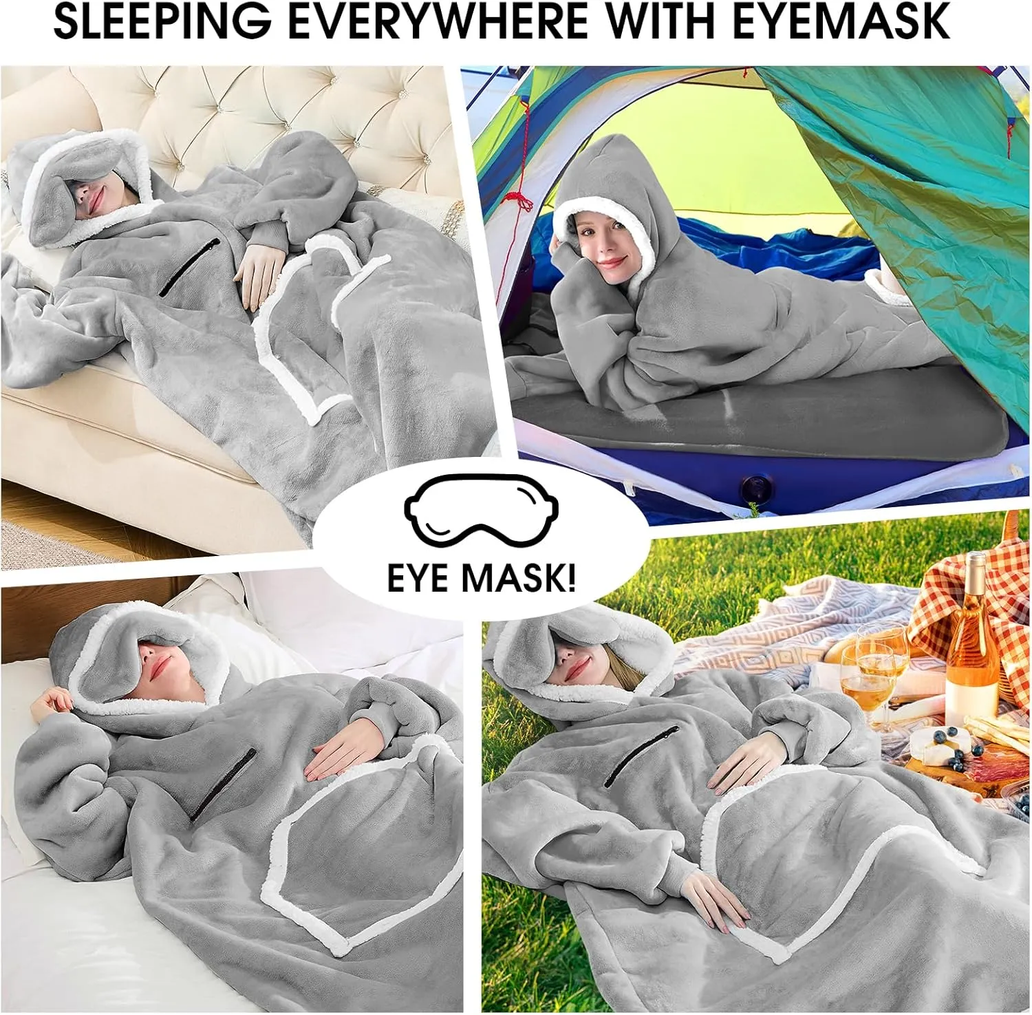 Wearable Blanket Hoodie, Oversized Sherpa Fleece Hooded Sweatshirt with Eye Mask, Cozy and Giant Blanket Hoodie with Sleeves Extra Long for Adults Men Women, Grey