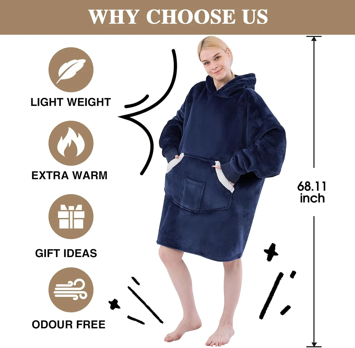 Wearable Blanket Hoodie, Oversized Sherpa Fleece Sweatshirt Blanket with Giant Pockets & Sleeves for Adult, Cozy Hooded Blanket, Winter Gift for Women(Navy Blue)