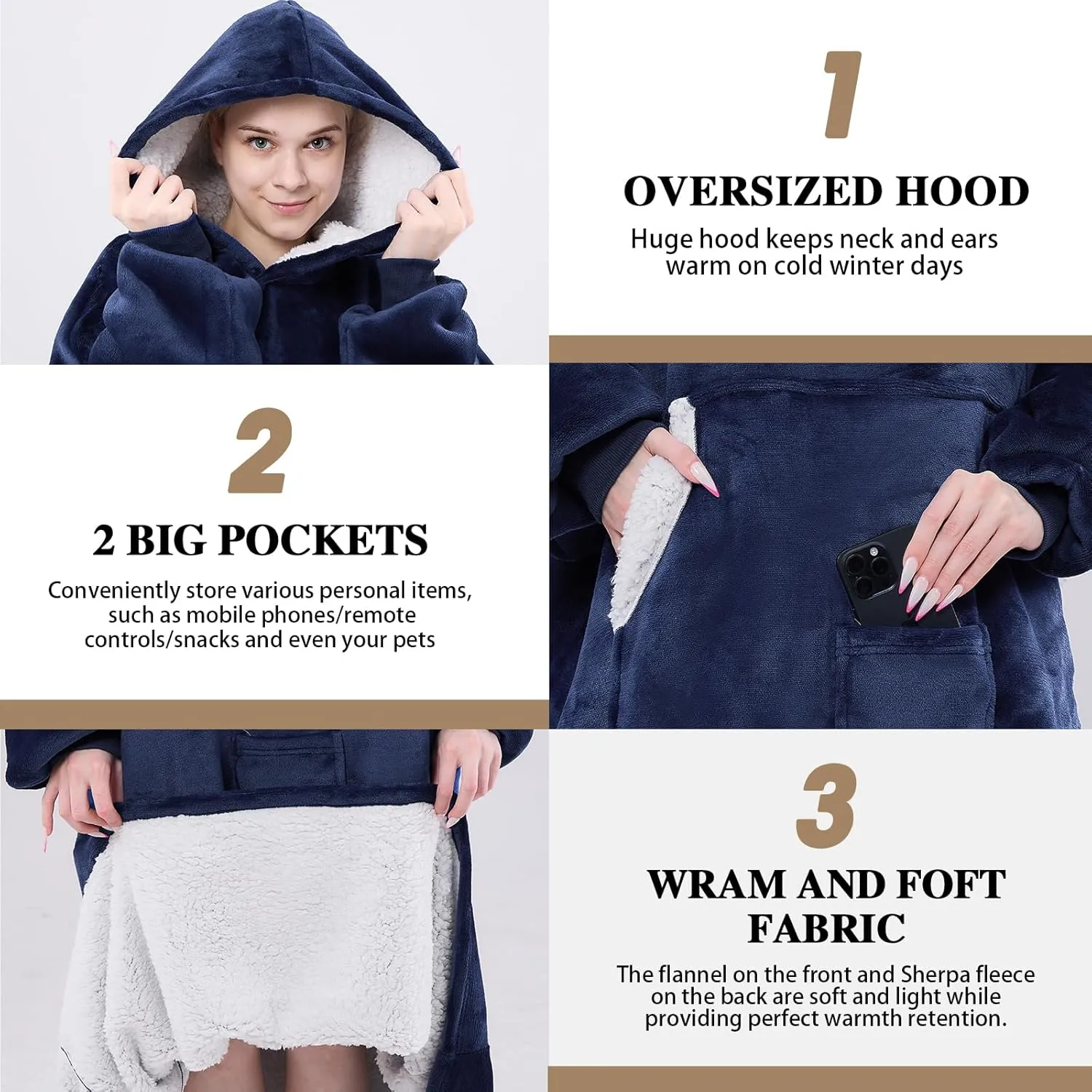 Wearable Blanket Hoodie, Oversized Sherpa Fleece Sweatshirt Blanket with Giant Pockets & Sleeves for Adult, Cozy Hooded Blanket, Winter Gift for Women(Navy Blue)