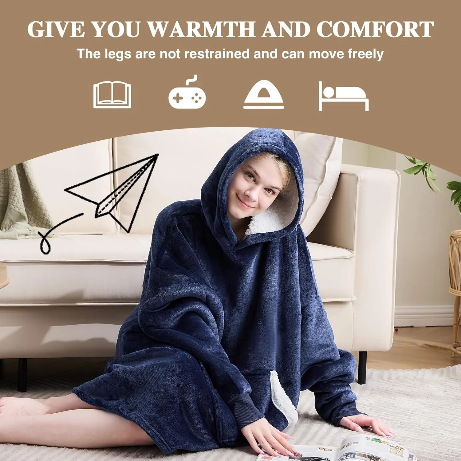 Wearable Blanket Hoodie, Oversized Sherpa Fleece Sweatshirt Blanket with Giant Pockets & Sleeves for Adult, Cozy Hooded Blanket, Winter Gift for Women(Navy Blue)