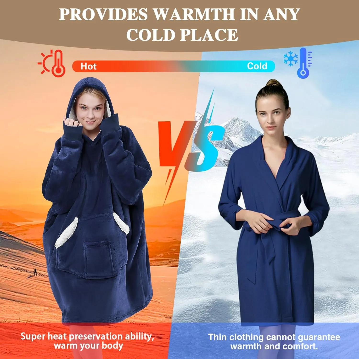 Wearable Blanket Hoodie, Oversized Sherpa Fleece Sweatshirt Blanket with Giant Pockets & Sleeves for Adult, Cozy Hooded Blanket, Winter Gift for Women(Navy Blue)