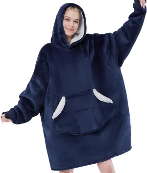 Wearable Blanket Hoodie, Oversized Sherpa Fleece Sweatshirt Blanket with Giant Pockets & Sleeves for Adult, Cozy Hooded Blanket, Winter Gift for Women(Navy Blue)
