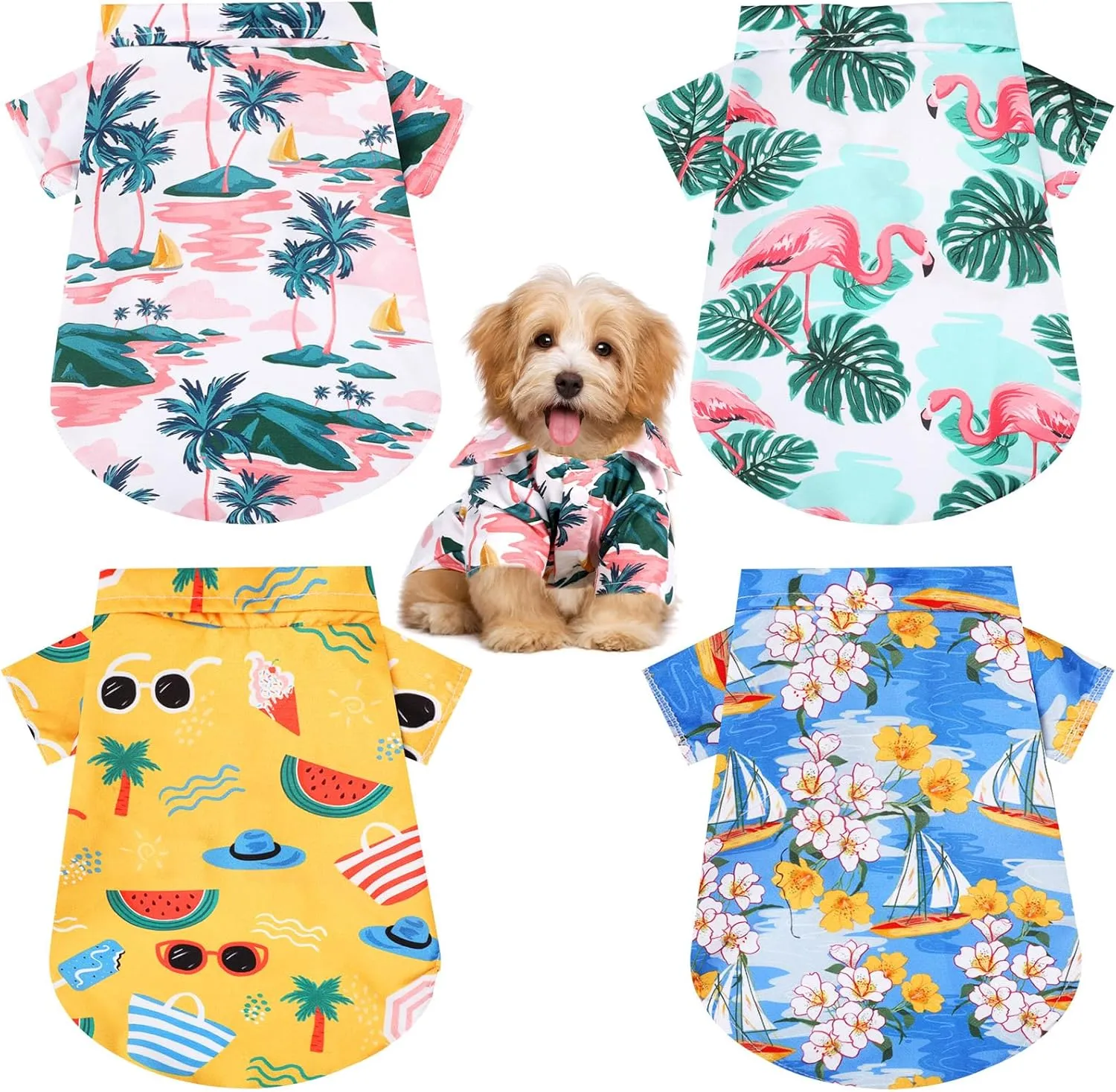 Weewooday 4 Pieces Pet Summer T-Shirts Hawaii Style Floral Pet Dog Shirt Breathable Cool Clothes Beach Seaside Puppy Sweatshirt for Small Puppy(Lovely Style,Large)