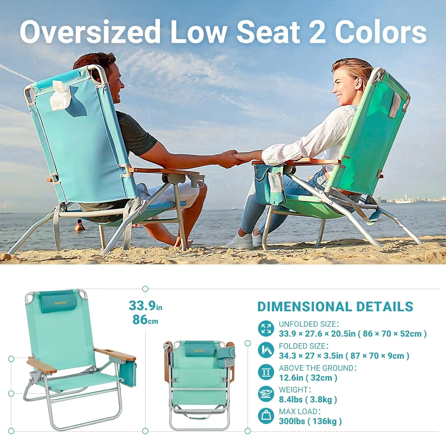 #WEJOY Low Beach Chair for Adults, Lightweight Folding Reclining 4 Positions Camping Chairs with Carry Strap Cup Holder Wooden Armrest for Festival Picnic,Heavy Duty Support 300Lbs (#RWF 1 Pack Cyan)