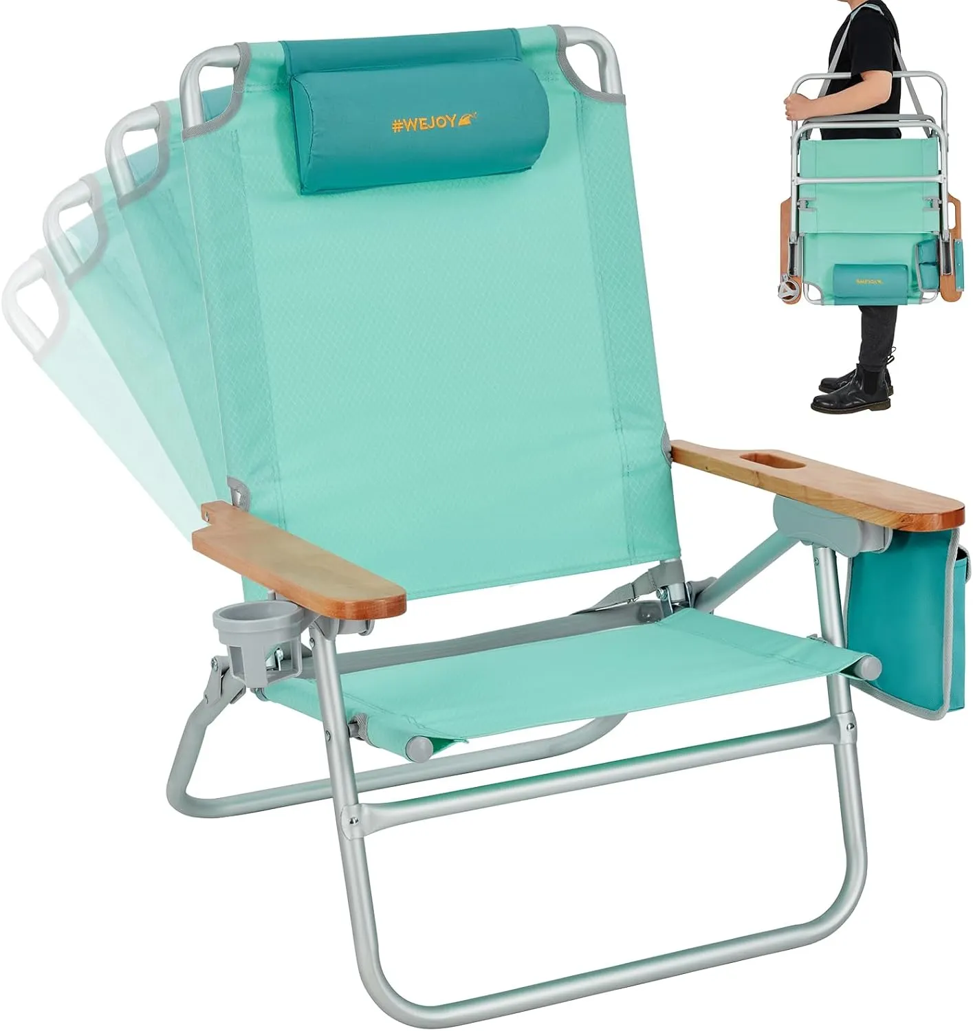#WEJOY Low Beach Chair for Adults, Lightweight Folding Reclining 4 Positions Camping Chairs with Carry Strap Cup Holder Wooden Armrest for Festival Picnic,Heavy Duty Support 300Lbs (#RWF 1 Pack Cyan)