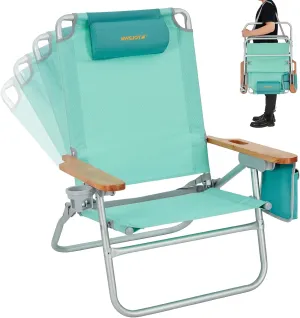 #WEJOY Low Beach Chair for Adults, Lightweight Folding Reclining 4 Positions Camping Chairs with Carry Strap Cup Holder Wooden Armrest for Festival Picnic,Heavy Duty Support 300Lbs (#RWF 1 Pack Cyan)
