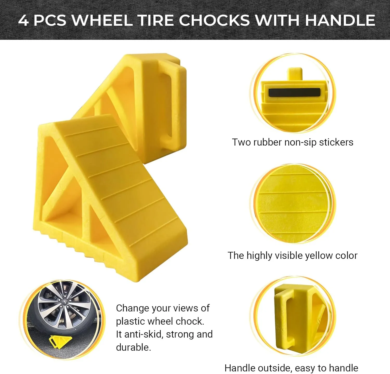 Wheel Chocks Premium, Heavy Duty Camper Vehicle Wedge Design with Black Rubber Bottom Chocks for Travel Trailers, Truck, Car, RV Yellow 4 Pcs