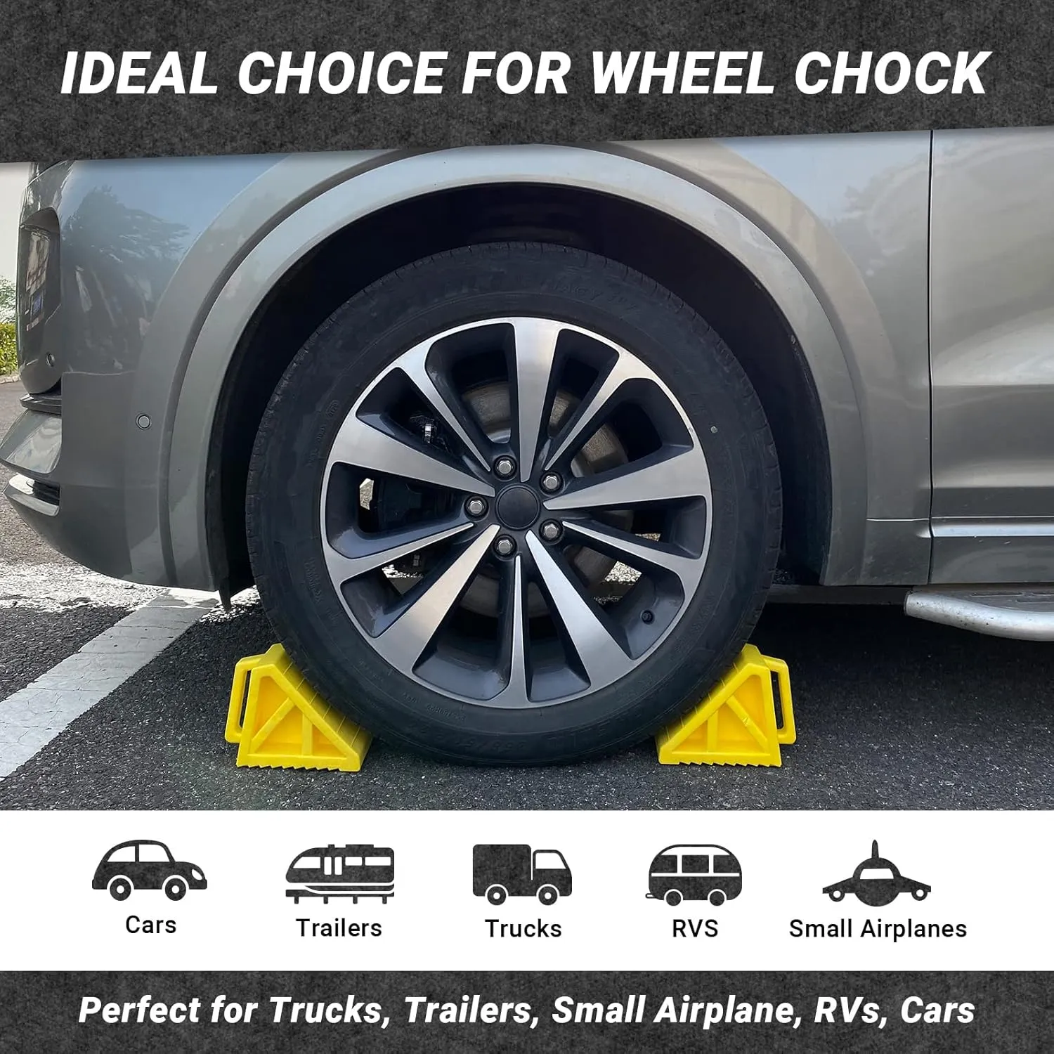 Wheel Chocks Premium, Heavy Duty Camper Vehicle Wedge Design with Black Rubber Bottom Chocks for Travel Trailers, Truck, Car, RV Yellow 4 Pcs