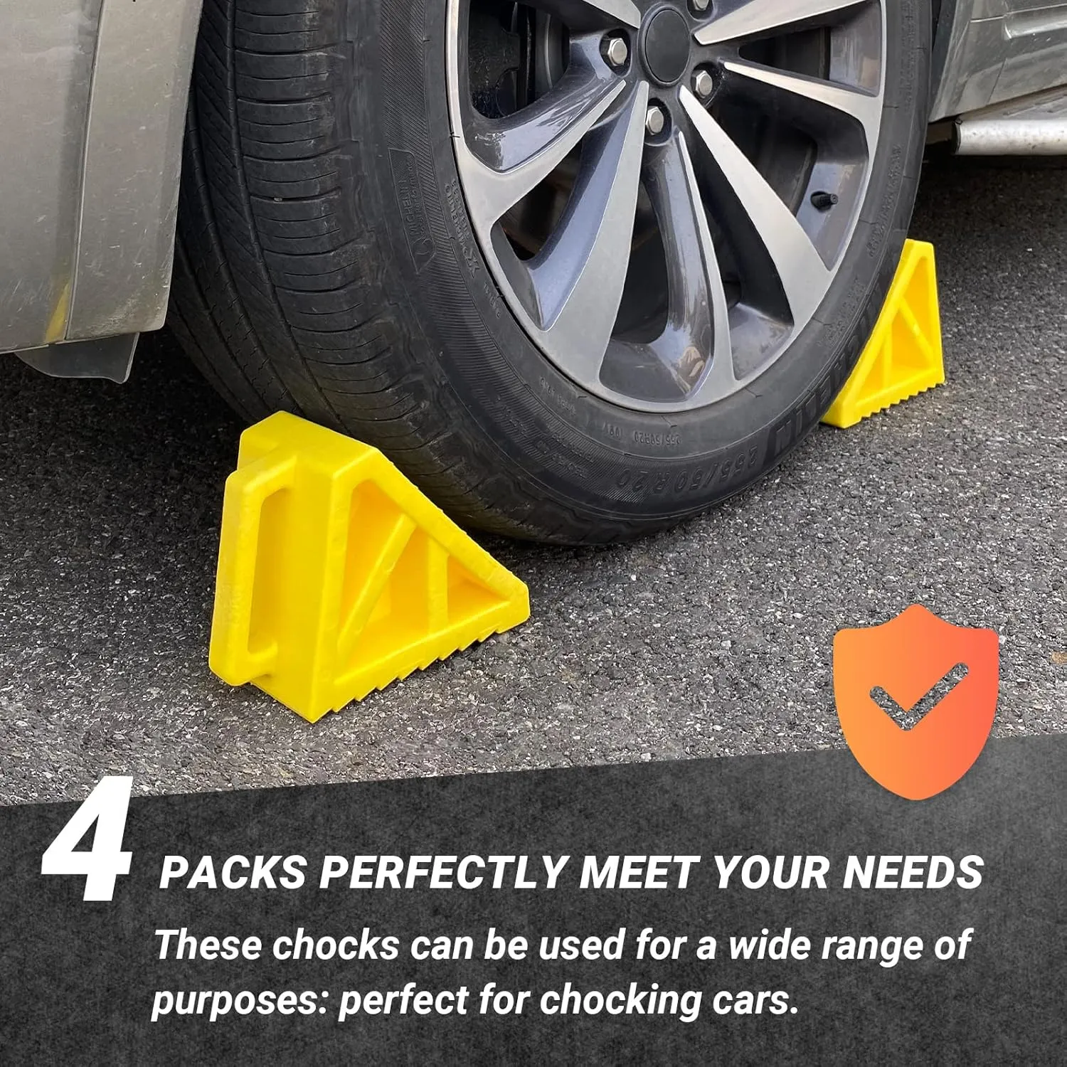 Wheel Chocks Premium, Heavy Duty Camper Vehicle Wedge Design with Black Rubber Bottom Chocks for Travel Trailers, Truck, Car, RV Yellow 4 Pcs