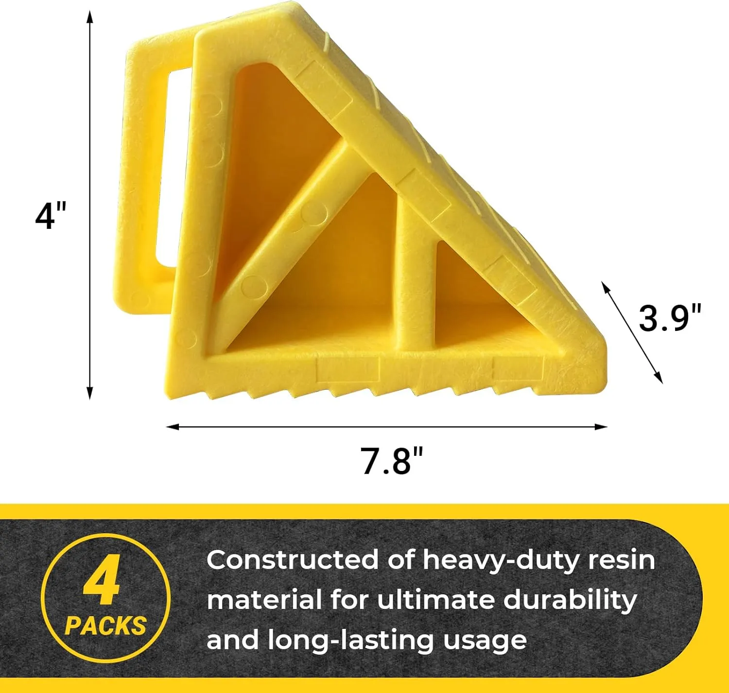 Wheel Chocks Premium, Heavy Duty Camper Vehicle Wedge Design with Black Rubber Bottom Chocks for Travel Trailers, Truck, Car, RV Yellow 4 Pcs