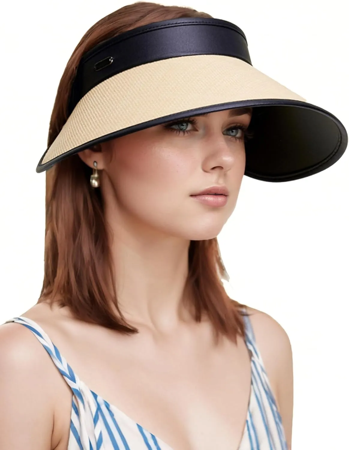 Wide Brim Visor Women & Men, Straw Sun Visor Hat with Chin Strap for Beach & Travel