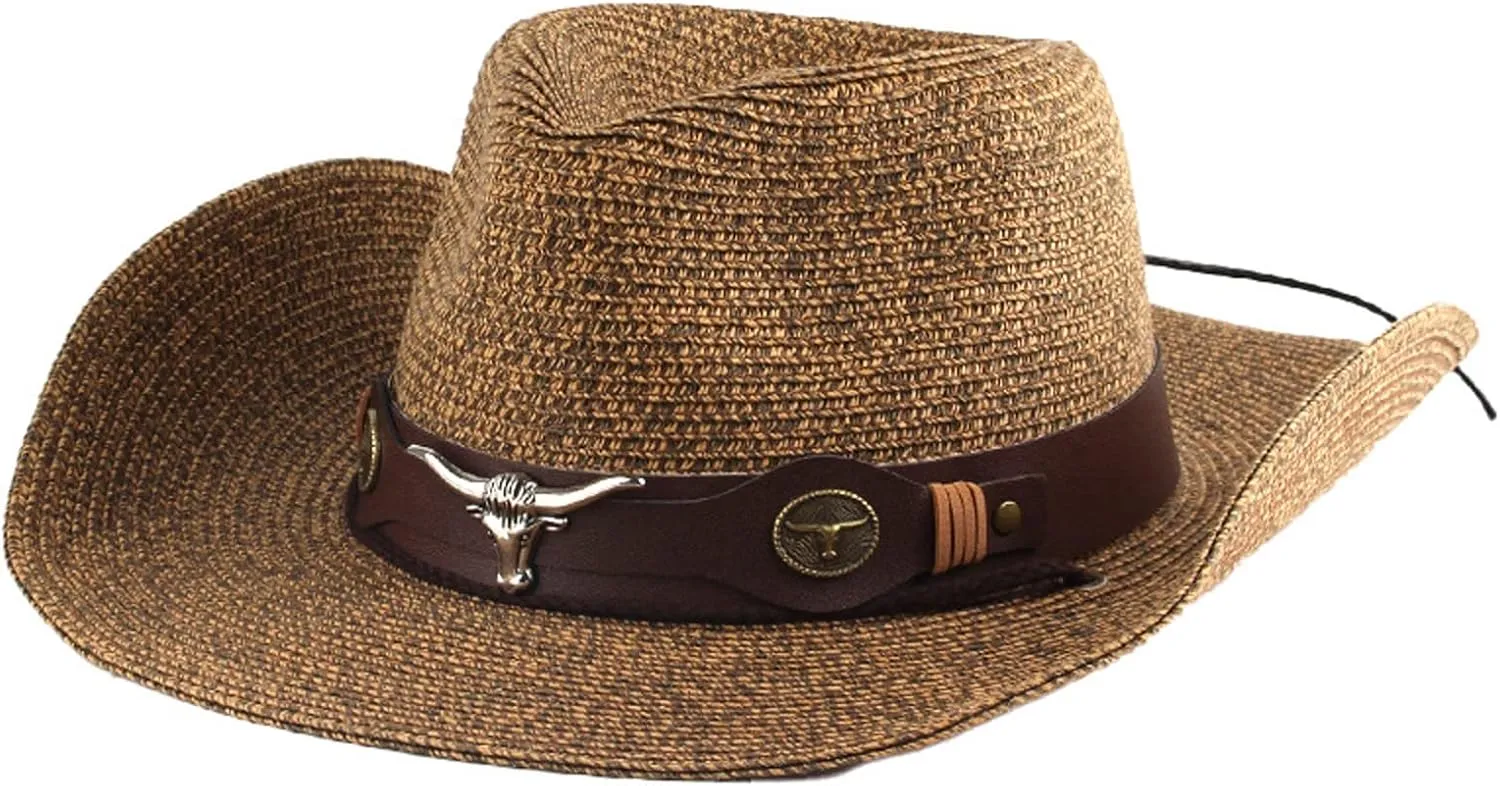 Wide Shapable Brim Straw Cowboy Hat Men Women UV Sun Protection Cowgirl Straw Hat Holiday Travel Panama Fedora Hat Beach Caps