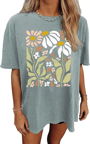 Wildflowers Shirt for Women Oversized Vintage Floral T Shirts Inspirational Graphic Tees Summer Casual Loose Beach Tops